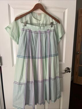 Geiger Vintage Skirt Set Full Pleats Midi cotton plaid cottagecore pastel sz 36